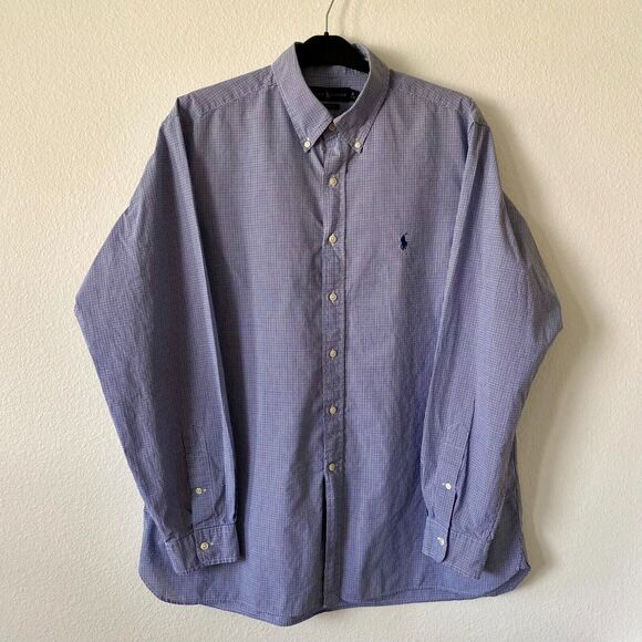Ralph‎ Lauren Button Down Shirt Mens 17 34-35 Blue Plaid Long Sleeve Cotton - Picture 1 of 11